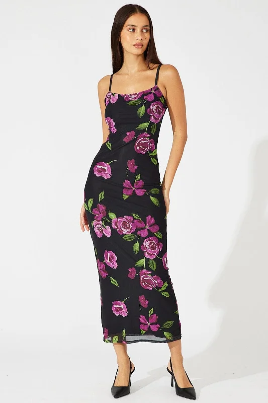 Maxi Dresses for Quick Trip -Black Floral Bodycon Maxi Dress Mesh