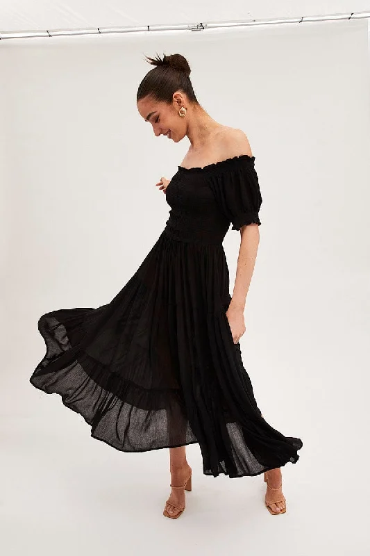 Maxi Dresses with Pleated Bodice -Black Maxi Dress Puff Sleeve Square Neck