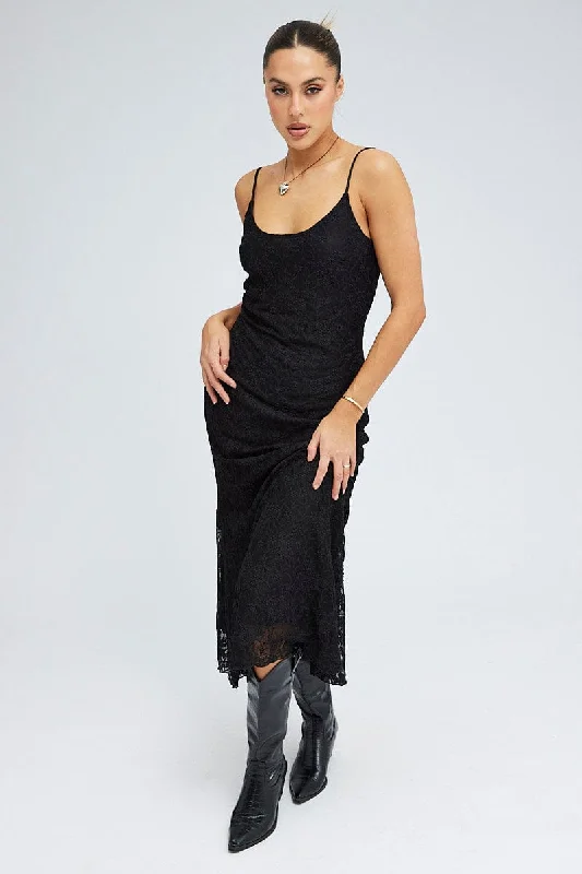 Maxi Dresses with Side Slit -Black Maxi Dress Sleeveless Scoop Neck Flare Hem Lace