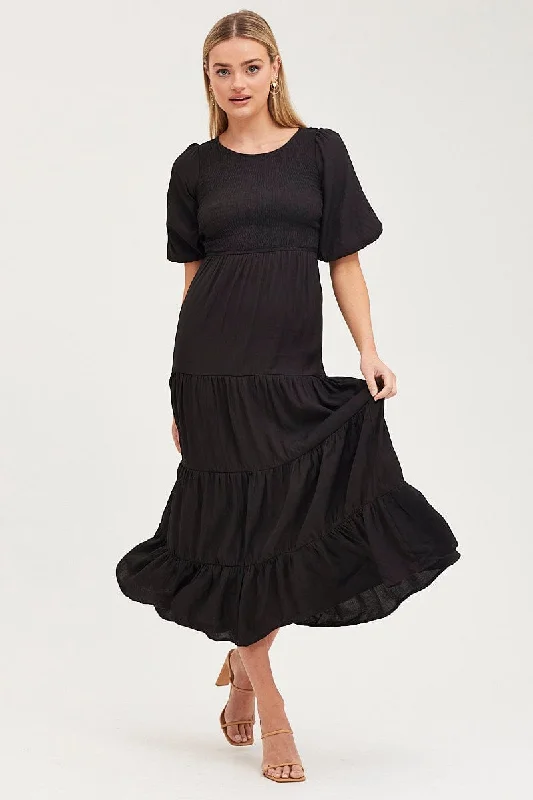 Maxi Dresses in Bold Hues -Black Shirred Dress Short Sleeve Maxi