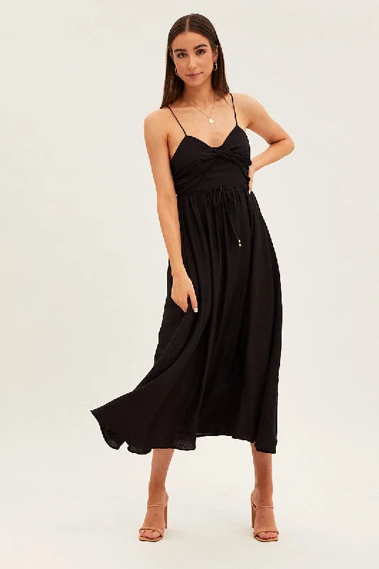 Maxi Dresses with Twist Back -Black Twist Front Detail Satin Maxi Dress