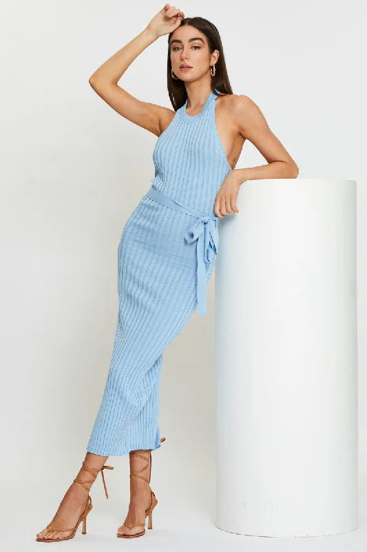 Maxi Dresses with Exposed Zipper -Blue Bodycon Dress Maxi Knit