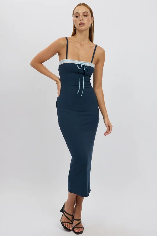 Maxi Dresses for Photo Shoots -Blue Bodycon Dress Maxi Ribbon Trim