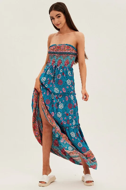 Maxi Dresses in Soft Fabric -Boho Print Maxi Dress Bandeau Sun Dress