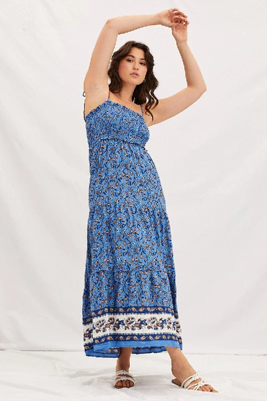 White Maxi Dresses for Beach -Boho Print Shirring Bust Maxi Dress