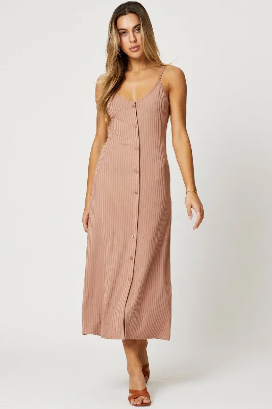 Maxi Dresses with Bow Details -Brown Button Front Dress Sleeveless Maxi Rib