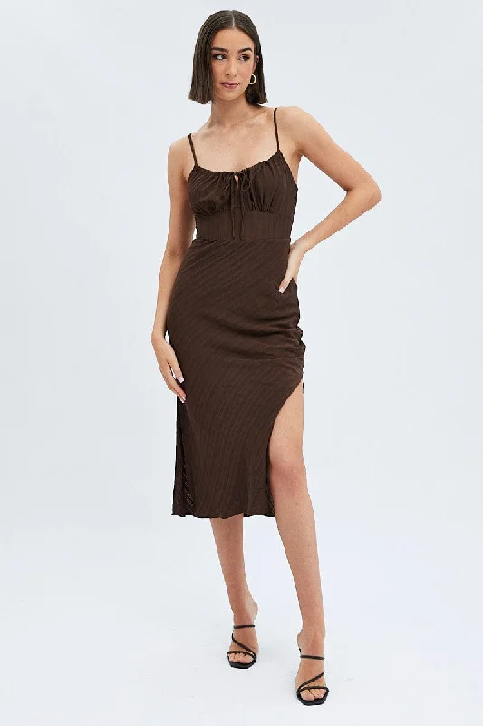 Maxi Dresses in Chiffon -Brown Maxi Dress Sleeveless Ruched Bust