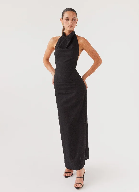 Maxi Dresses with Ruffle Front -Cartia Linen Maxi Dress - Black