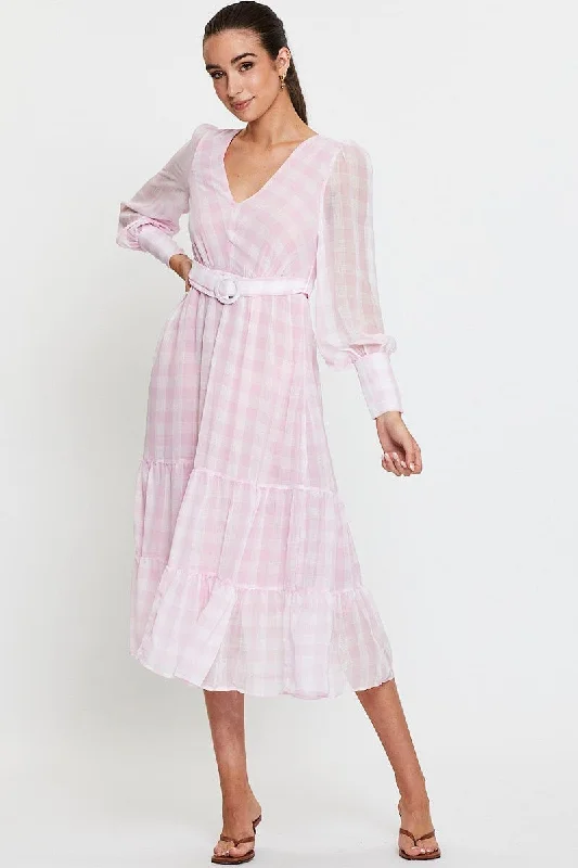 Maxi Dresses with Cross Edge -Check Dress Long Sleeve Maxi