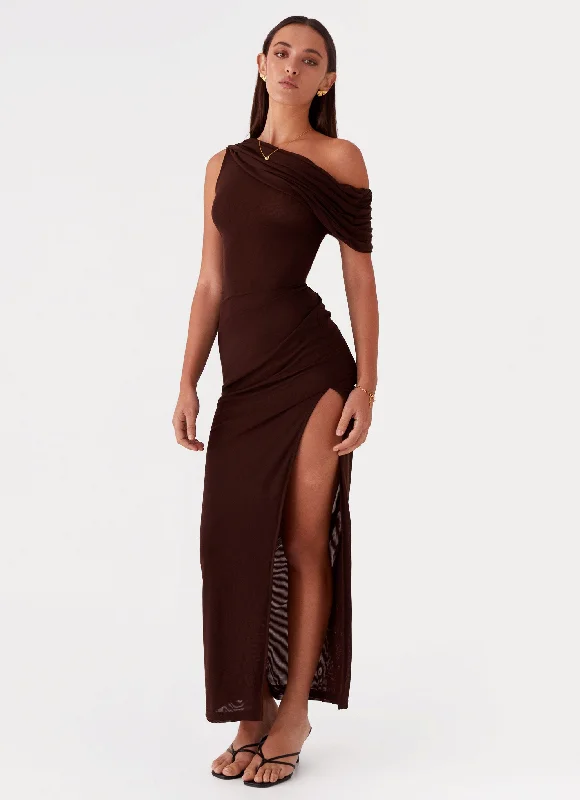 Maxi Dresses with Flared Sleeves -Ciara One Shoulder Draped Maxi Dress - Chocolate