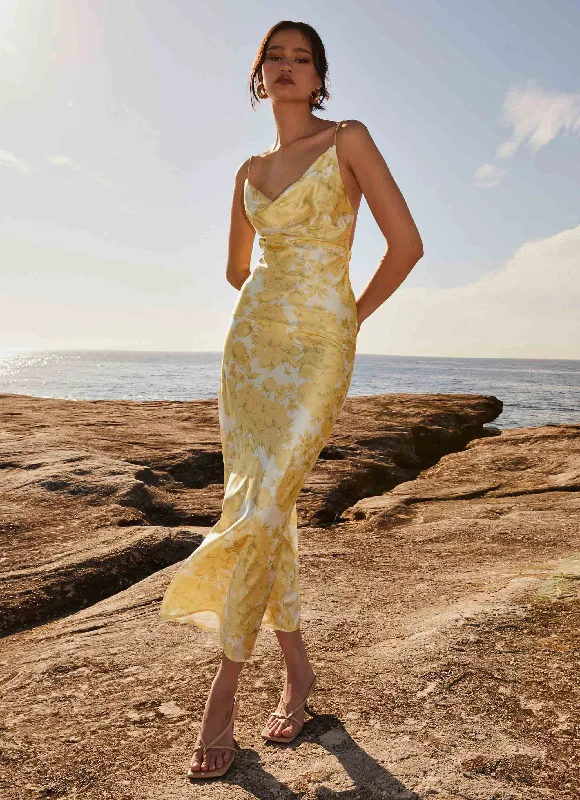 Maxi Dresses for Day Fun -Coastal Escape Satin Maxi Dress - Daffodil