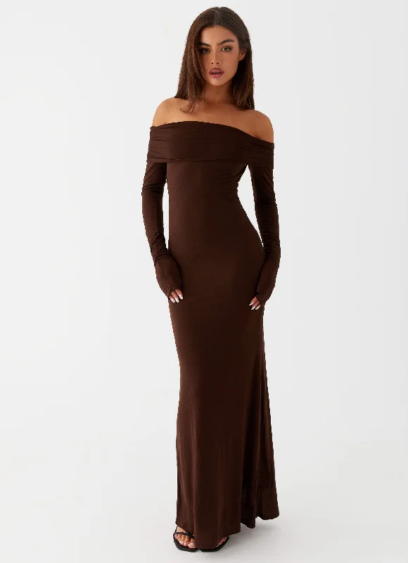 Maxi Dresses for Farewell Dinner -Cocoa Long Sleeve Maxi Dress - Chocolate