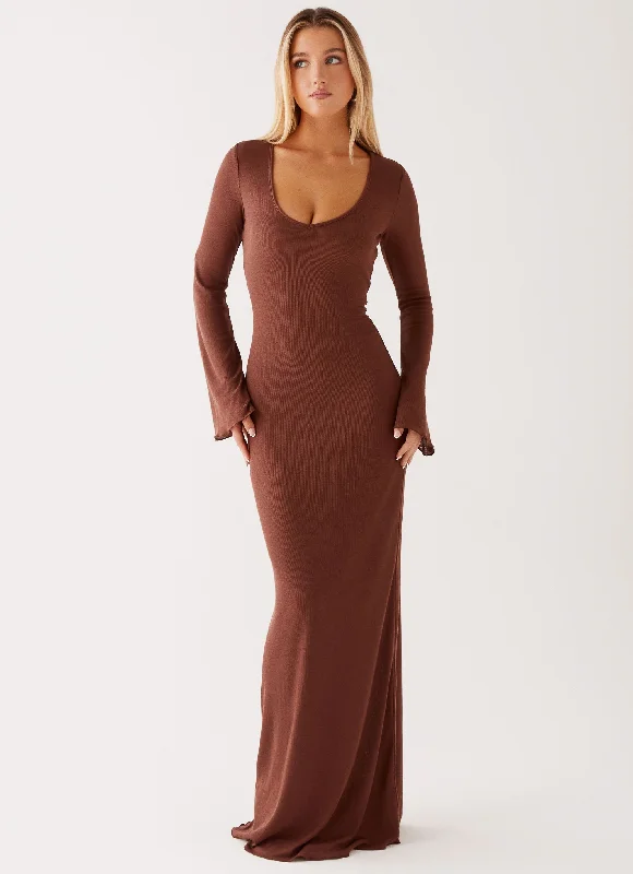 Maxi Dresses with Side Edge -Cosy Days Long Sleeve Maxi Dress - Brown