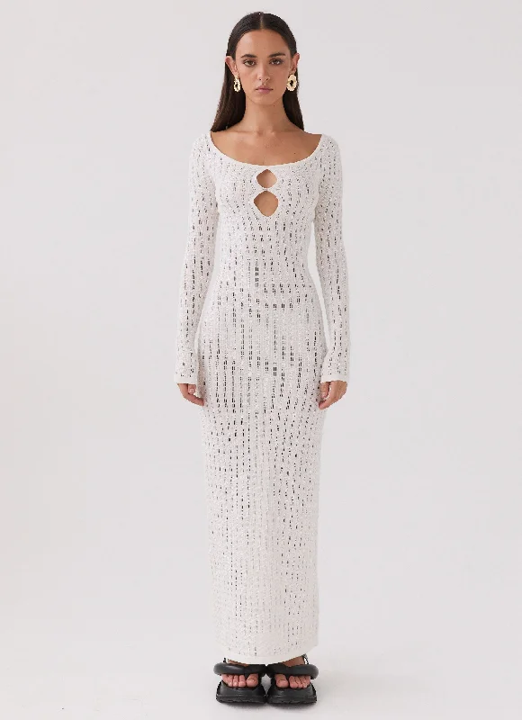 Maxi Dresses for Garden Party -Crystal Cascade Knit Maxi Dress - White