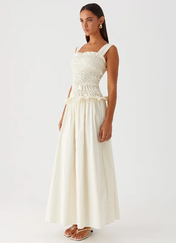 Maxi Dresses in Light Satin -Deana Shirred Maxi Dress - White