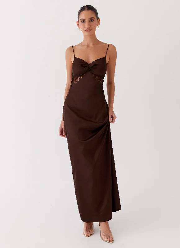 Maxi Dresses in Wild Silk -Dream Sight Lace Satin Maxi Dress - Chocolate