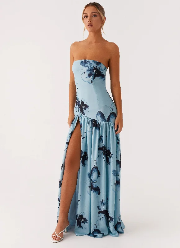 Maxi Dresses in Matte Silk -Eden Strapless Maxi Dress - Blue Black Floral