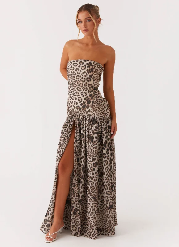 Maxi Dresses with Front Ruffles -Eden Strapless Maxi Dress - Leopard