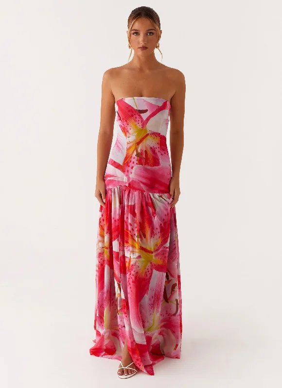 Maxi Dresses in Soft Hues -Eden Strapless Maxi Dress - White Pink Lilly