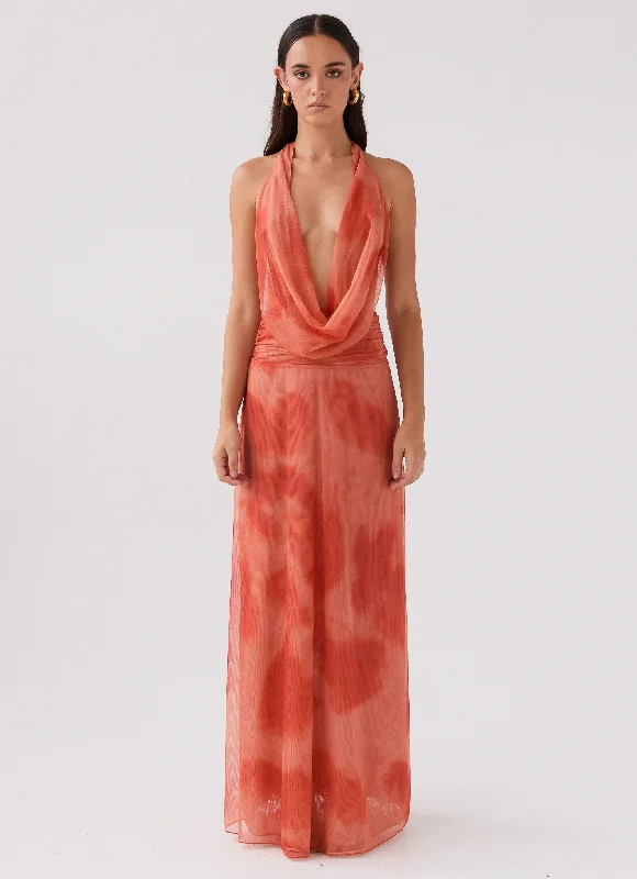 Maxi Dresses with Ruffle Hemline -Elysia Chiffon Maxi Dress - Fiery Fusion