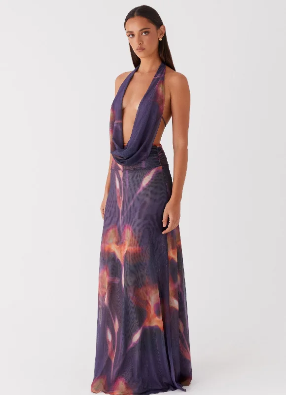 Maxi Dresses for Patio Party -Elysia Mesh Maxi Dress - Midnight Bloom