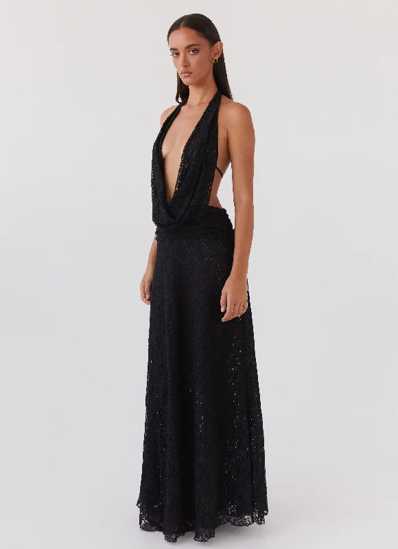 Maxi Dresses in Matte Finish -Elysia Lace Maxi Dress - Black