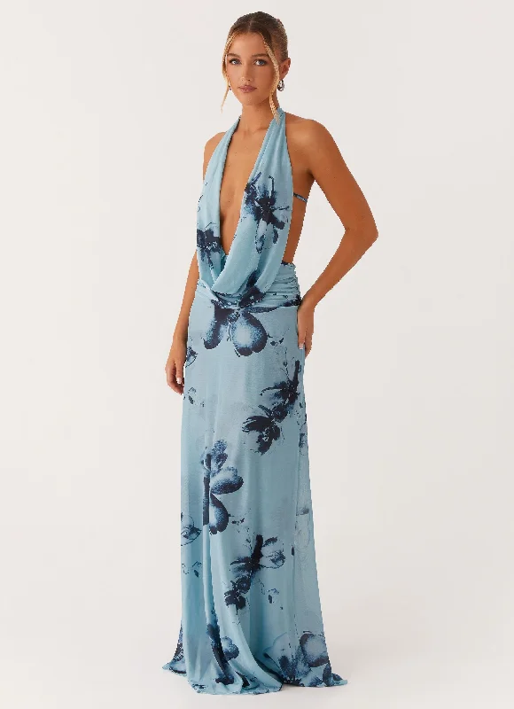 Maxi Dresses in Light Wool -Elysia Mesh Maxi Dress - Blue Black Floral