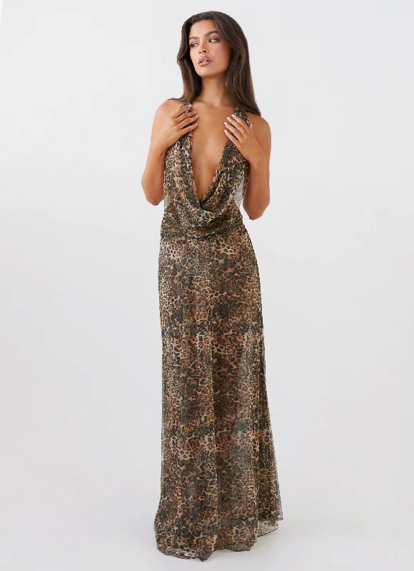 Maxi Dresses in Cotton Fabric -Elysia Mesh Maxi Dress - Leopard