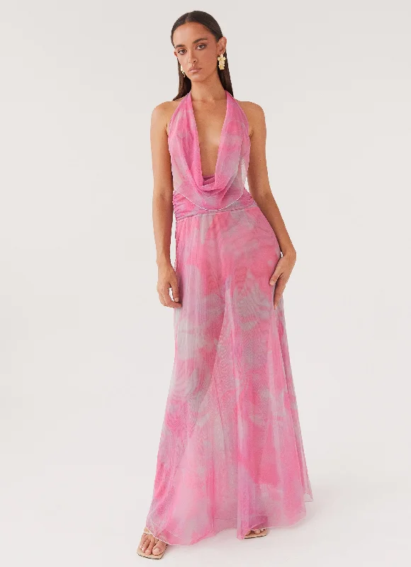 Maxi Dresses with Smocked Waist -Elysia Mesh Maxi Dress - Pink Floral