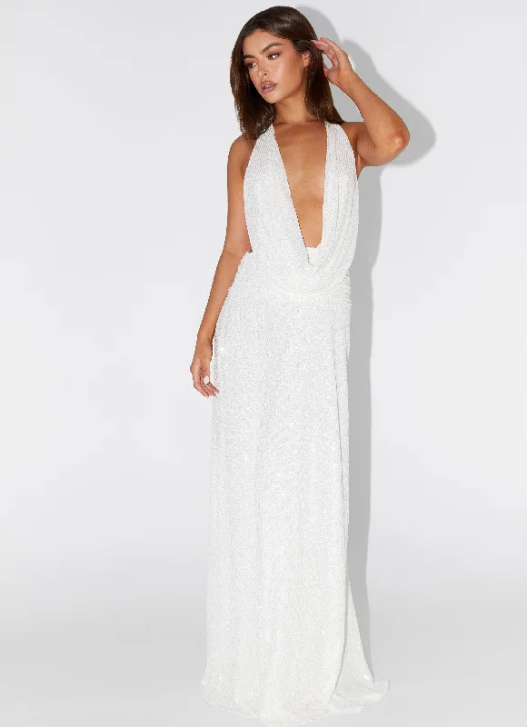 Maxi Dresses with Side Pockets -Elysia Sequin Maxi Dress - White