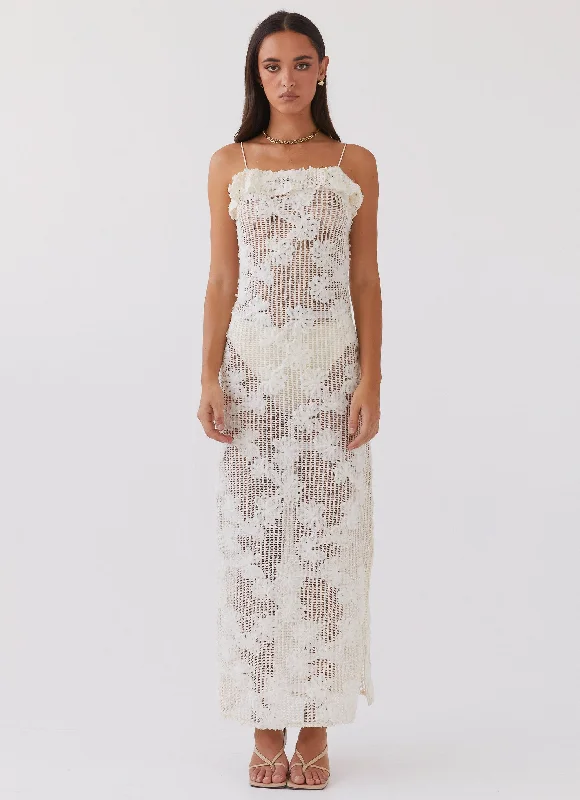 Maxi Dresses with Curved Edge -Evangeline Embroidered Maxi Dress - Ivory Tea