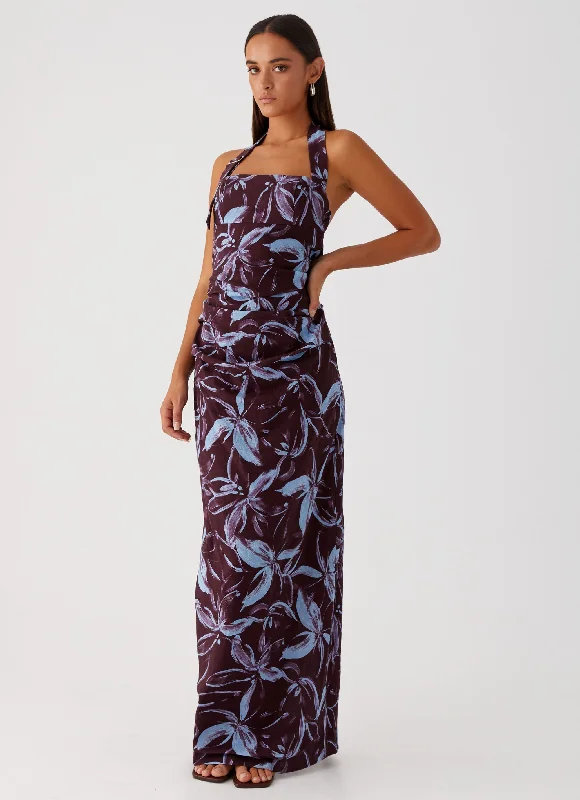 Maxi Dresses in Playful Prints -Fauna Halter Maxi Dress - Brown Purple Floral