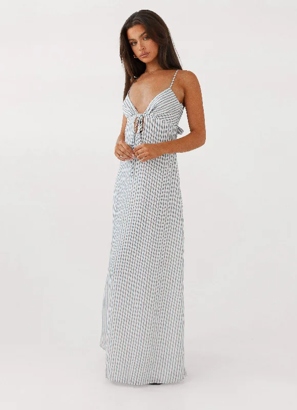 Maxi Dresses for Daytime Events -Flora Linen Maxi Dress - Blue Choc Stripe