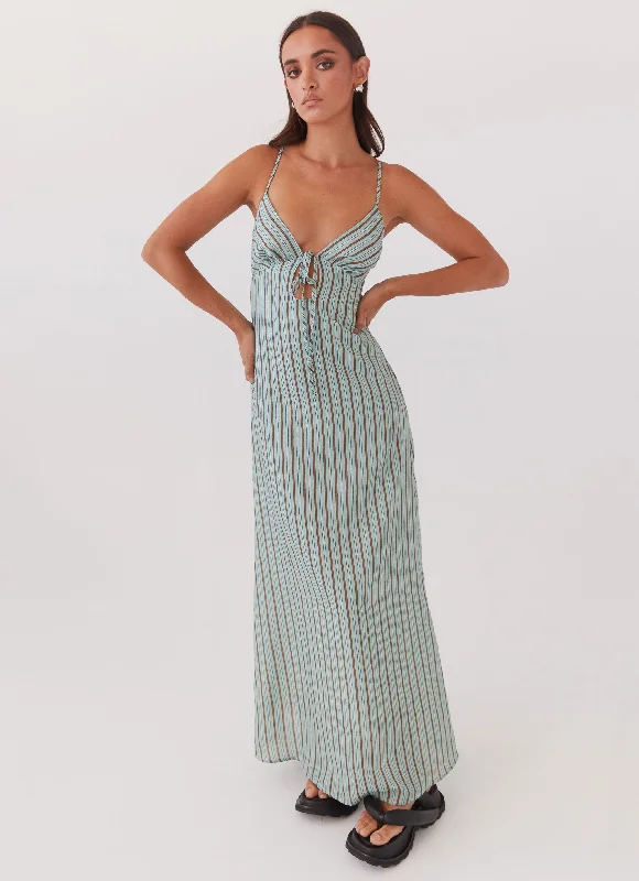 Maxi Dresses with Flounce Back -Flora Linen Maxi Dress - Coastal Stripe