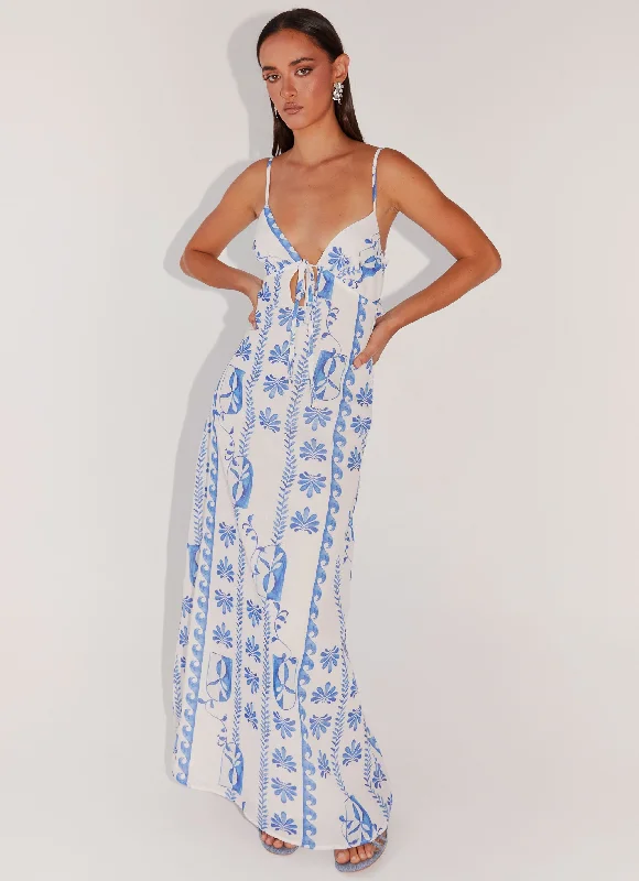 Maxi Dresses in Floral Lace -Flora Linen Maxi Dress - Floral Wave