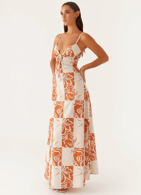 Maxi Dresses for Park Date -Flora Linen Maxi Dress - Orange Blue Floral