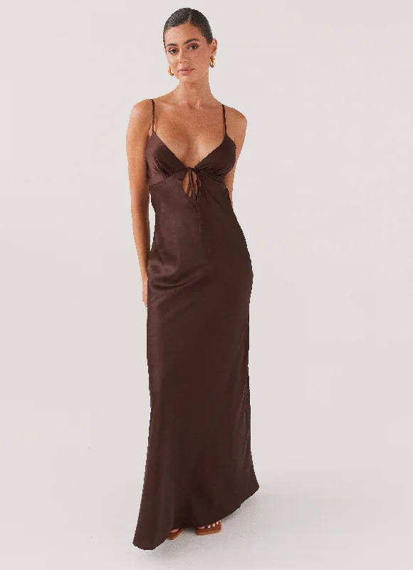 Maxi Dresses with Bow Front -Flora Satin Maxi Dress - Chocolate