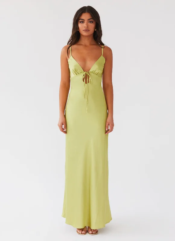 Maxi Dresses in Shiny Finish -Flora Satin Maxi Dress - Green Expectations