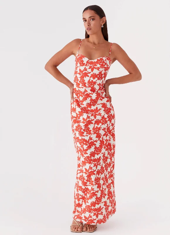 Maxi Dresses for Farewell Party -Forbidden Floral Bustier Maxi Dress - Red Floral