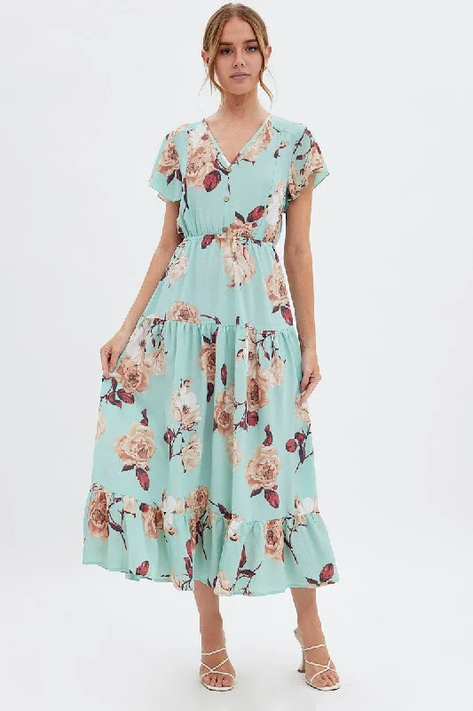 Maxi Dresses for Graduation -Green Floral Floral Bell Sleeve Maxi Dress