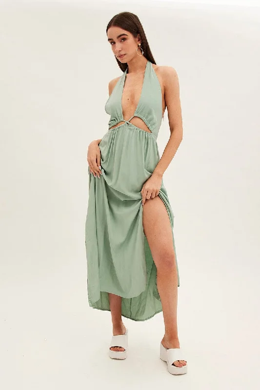 Maxi Dresses with Side Pockets -Green Maxi Dress Backless