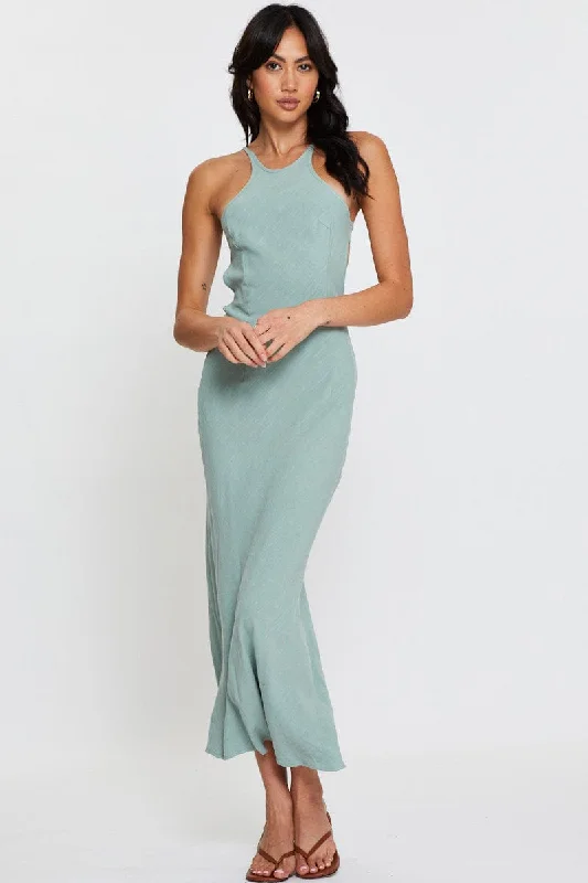 Maxi Dresses in Plush Cotton -Green Maxi Dress Sleeveless Racer Neck