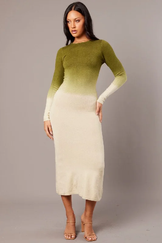 Maxi Dresses for Evening Brunch -Green Print Knit Dress Long Sleeve Maxi