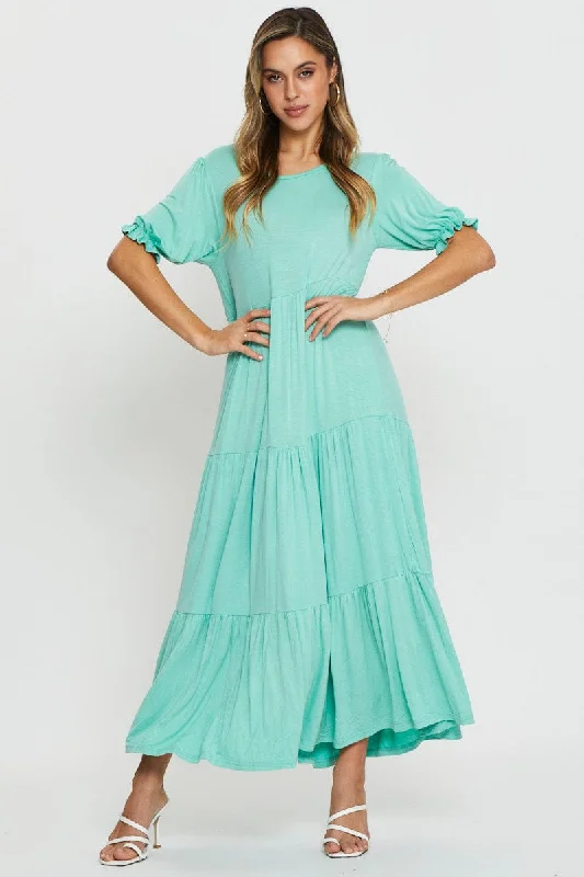 Maxi Dresses for Travel -Green Tiered Maxi Dress