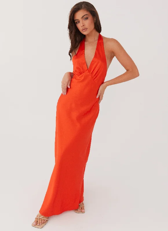 Maxi Dresses for Baby Shower -Heavy Hearted Satin Maxi Dress - Sunset