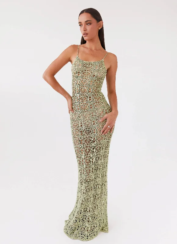 Maxi Dresses with Open Back -Luxora Crochet Maxi Cami Dress - Light Olive