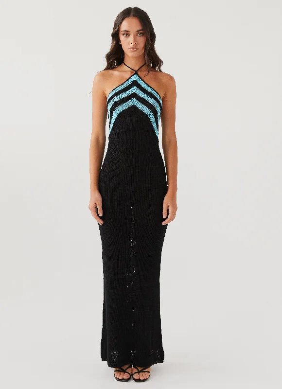 Maxi Dresses in Striped Pattern -Masterpiece Halterneck Crochet Maxi Dress - Azure Stripe