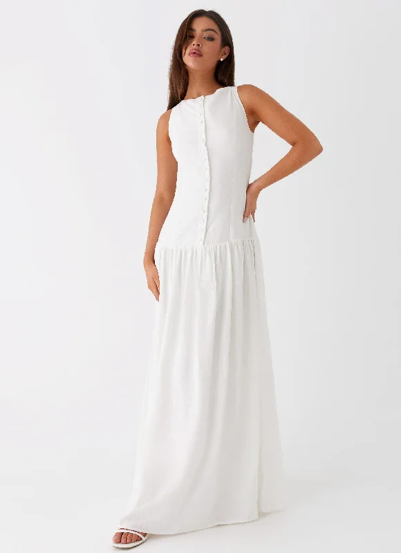 Maxi Dresses with Pleated Back -Meggie Linen Maxi Dress - White