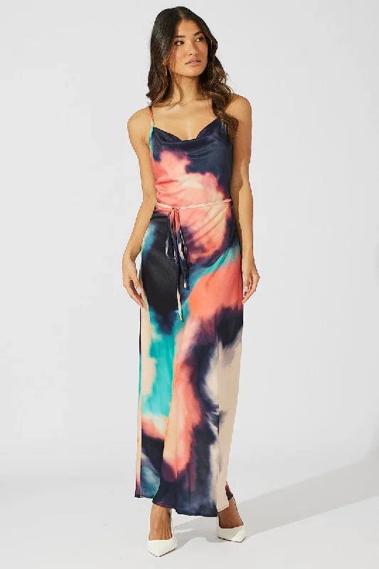 Maxi Dresses with Side Back -Multi Abstract Maxi Dress Cowl Neck Satin