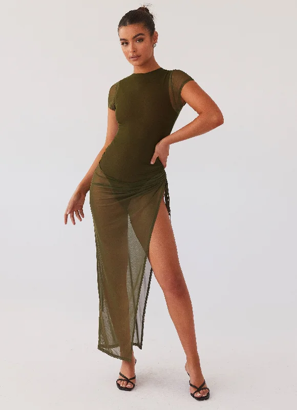 Maxi Dresses with Ruched Details -Mystery Lady Mesh Maxi Dress - Olivine